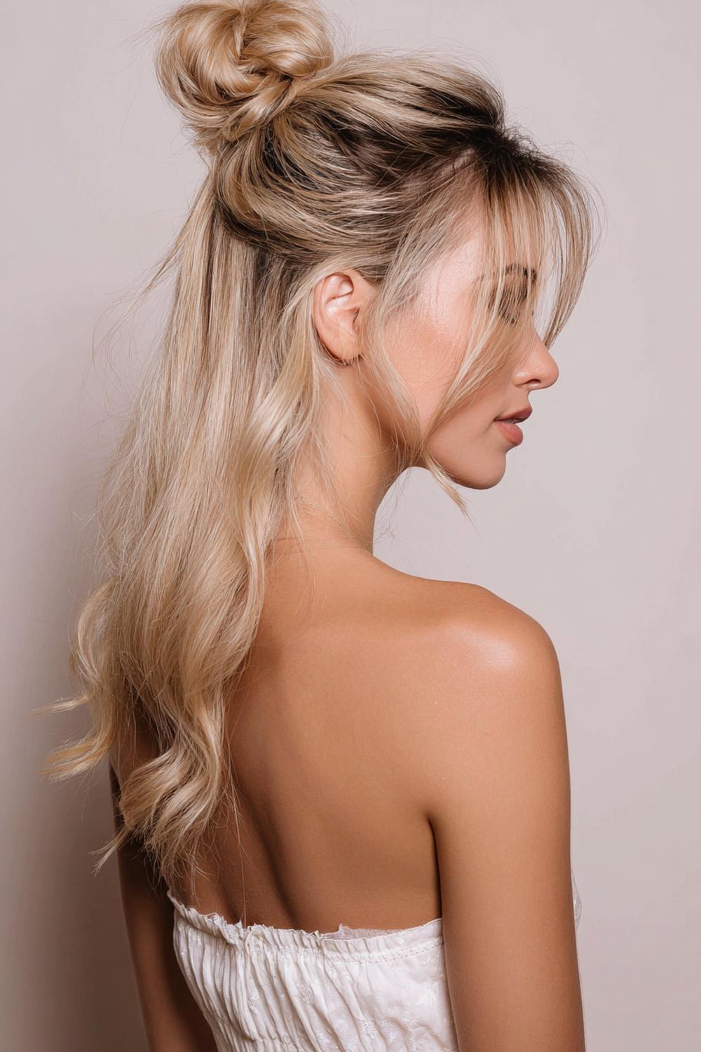 11. Beliebte Frisuren 2026: Half-Up-Knoten mit glatter Krone und lockeren Längen