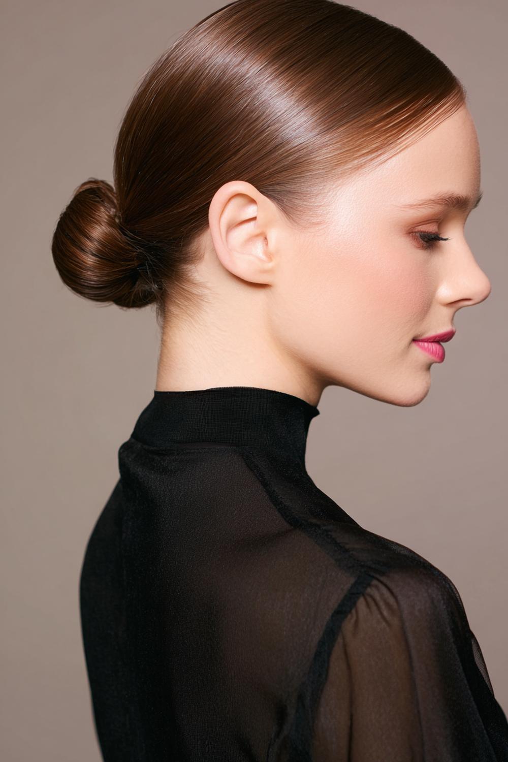 12. Beliebte Frisuren 2026: Sleek-Low-Bun mit Mittelscheitel und polierter Kontur