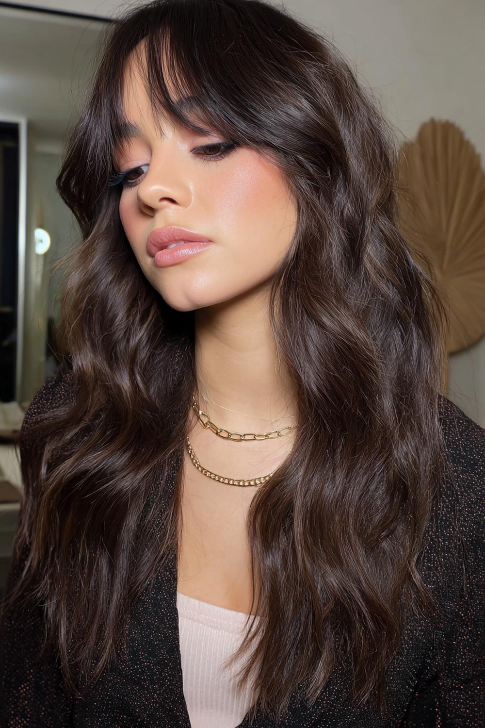 18. Beliebte Frisuren 2026: Curtain-Bangs-Frisur mit runden Föhnwellen und weicher Stirnpartie