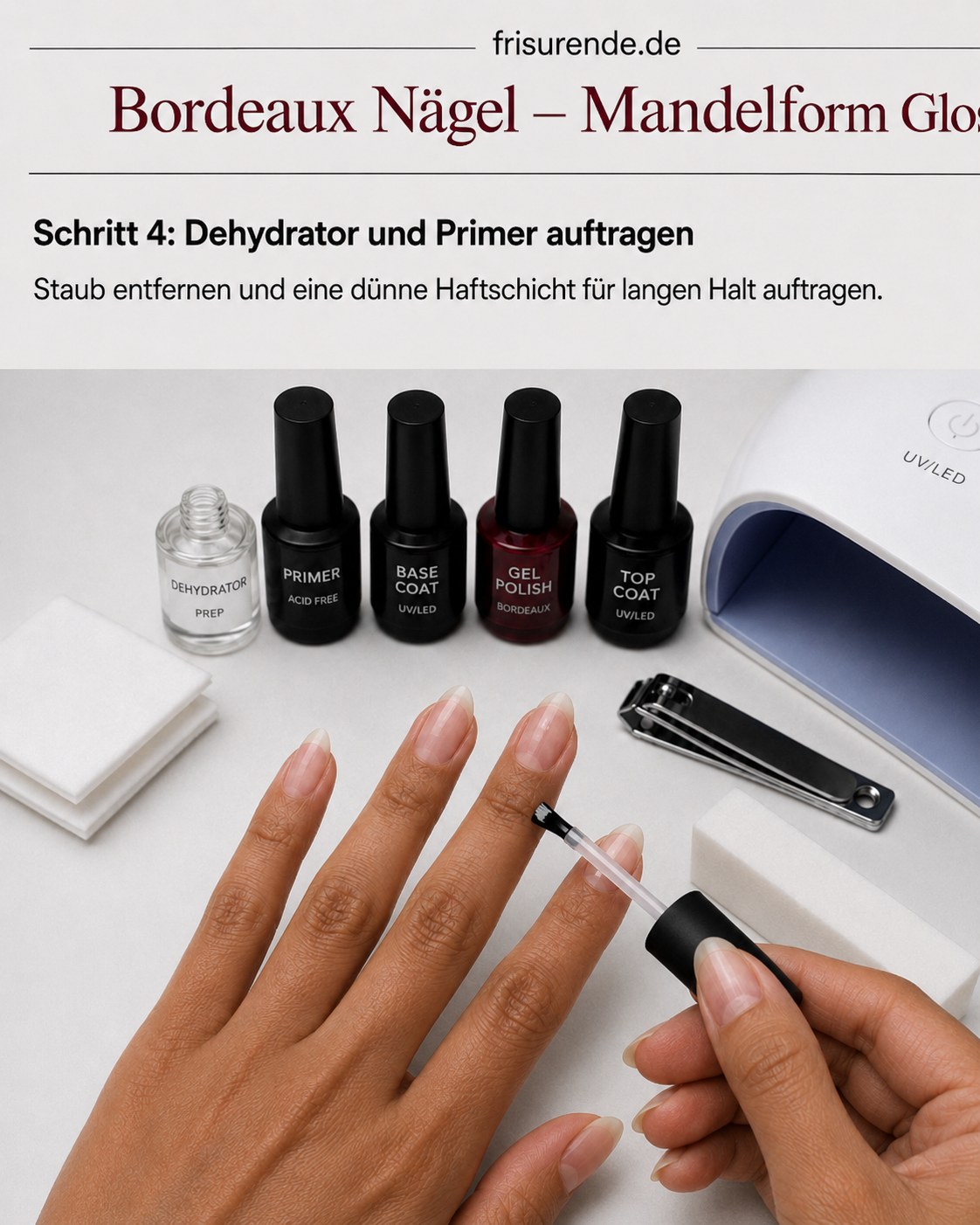 Dehydrator und Primer auf den Naturnagel auftragen für langen Halt der Bordeaux Nägel