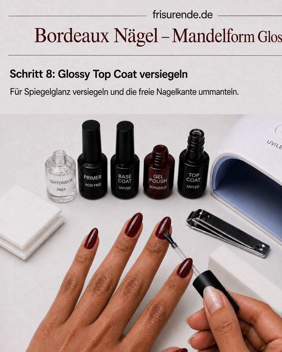 Glossy Top Coat versiegelt die Bordeaux Nägel in Mandelform mit Spiegelglanz