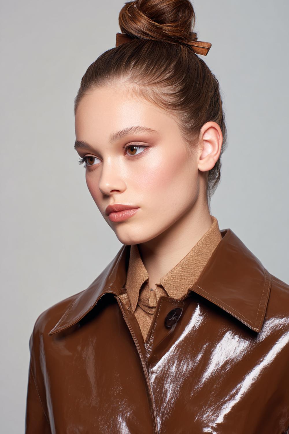 14. Braun Haar Inspiration 2026: Tiefbrauner Wet-Look-Bun mit klarer Kontur am Haaransatz