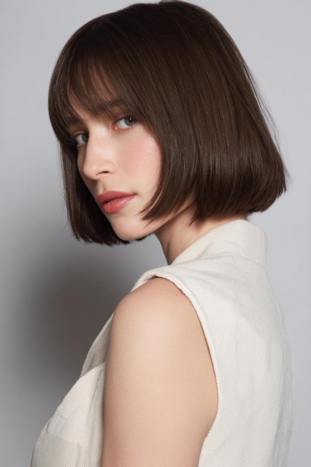 19. Braun Haar Inspiration 2026: Graphitbrauner Sleek-Bob mit gerader Kante und minimaler Bewegung