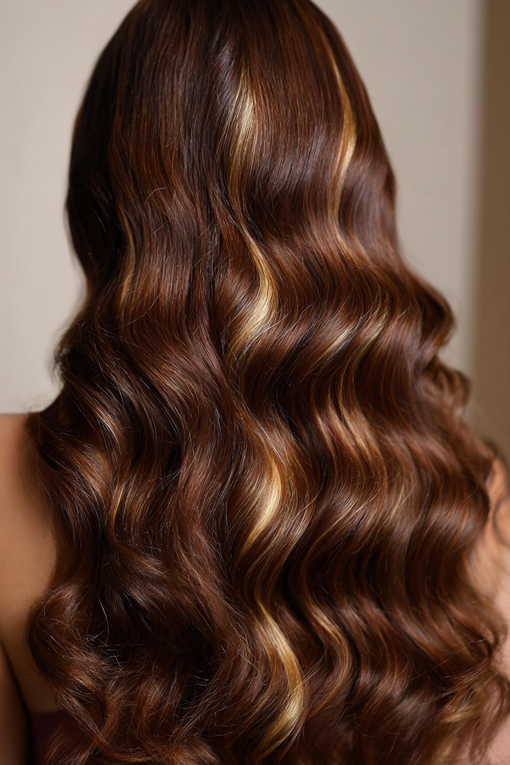 7. Braun Haar Inspiration 2026: Zimtbraune Wellen mit goldenem Glanzband entlang der Längen