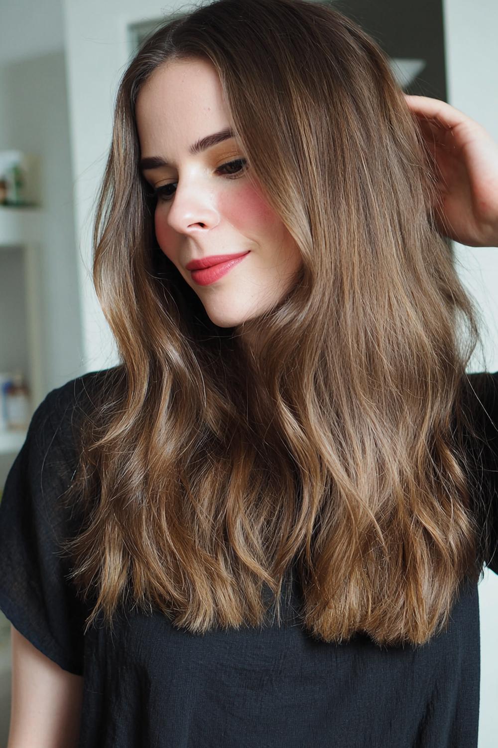 8. Braun Haar Inspiration 2026: Milchkaffee-Braun mit soften Babylights und luftigem Blowout