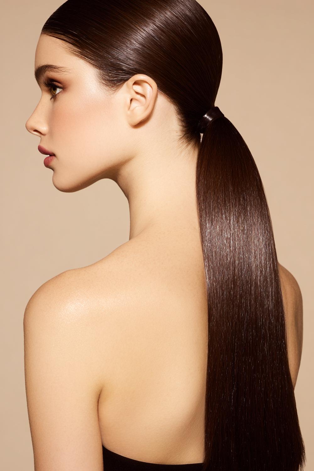 9. Braun Haar Inspiration 2026: Dunkles Kakao-Braun mit präzisem Sleek-Ponytail