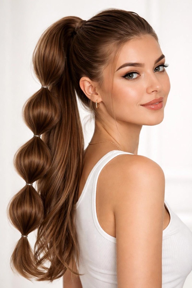 Bubble-Ponytail mit mehreren gleichmäßig verteilten Haargummis