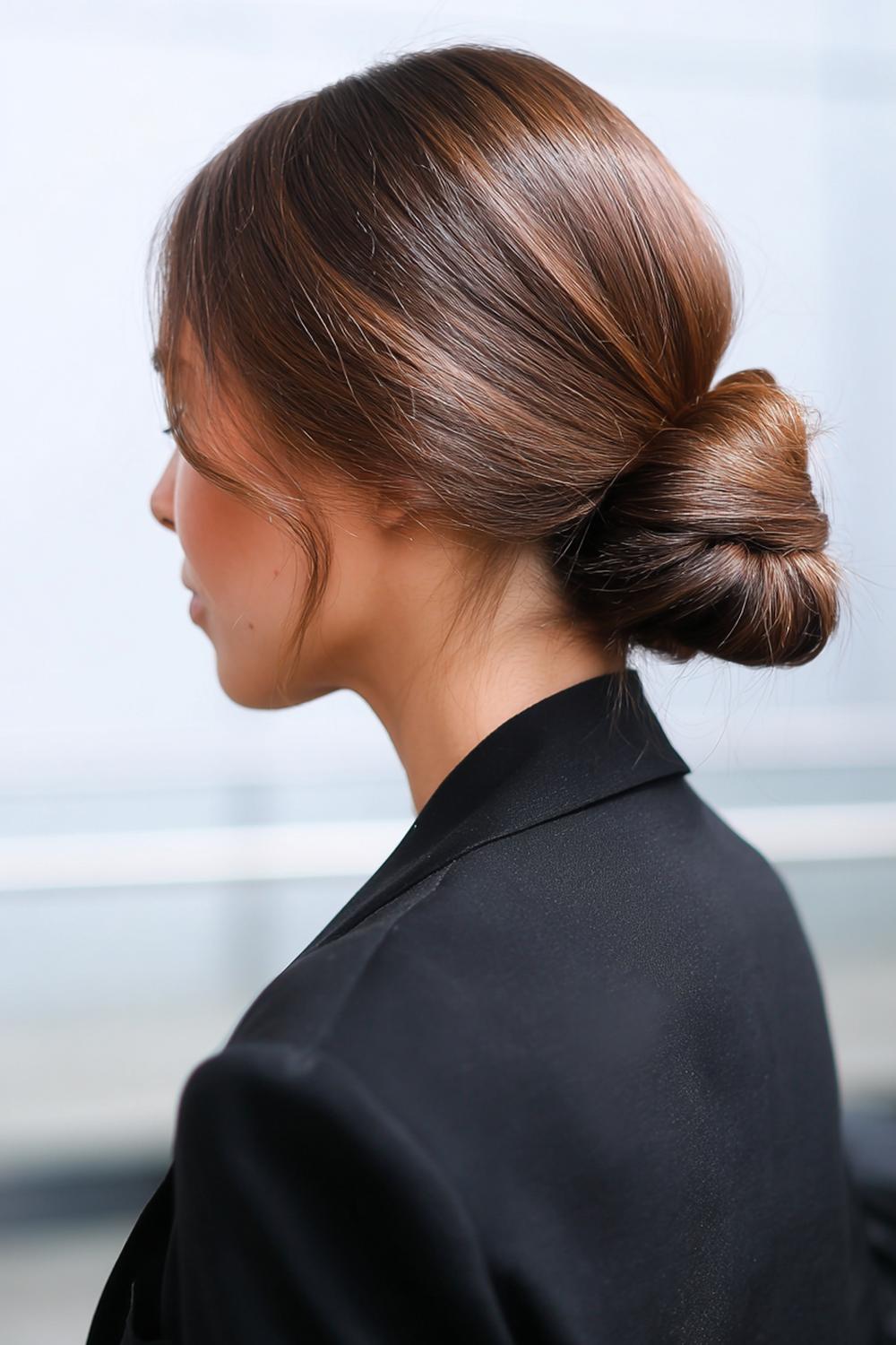 1. Einfache Frisuren 2026: Sleek Low Bun mit Mittelscheitel und Glanz-Finish