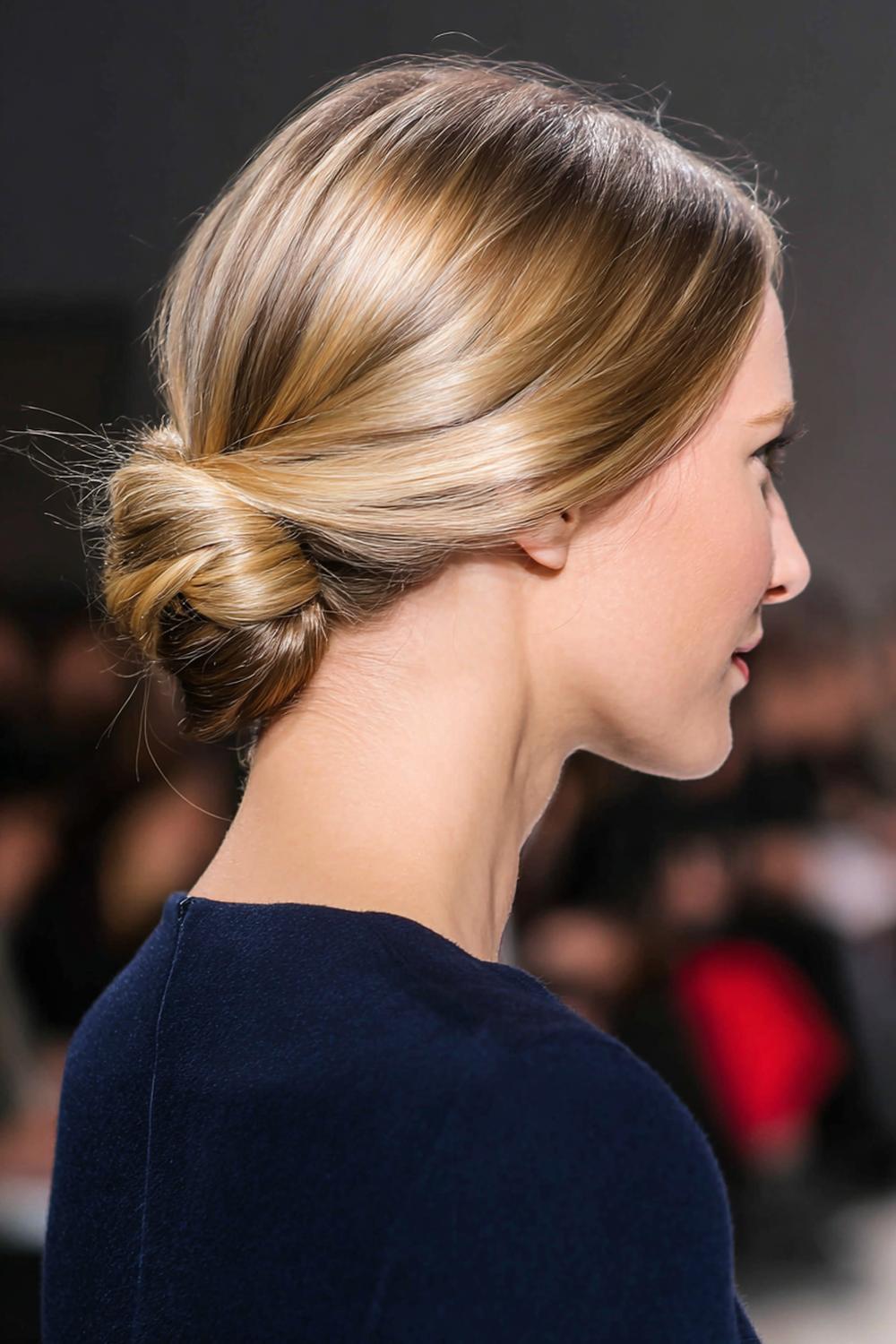 1. Einfache Frisuren 2026: Sleeker Low Bun mit Mittelscheitel und Glanz-Finish