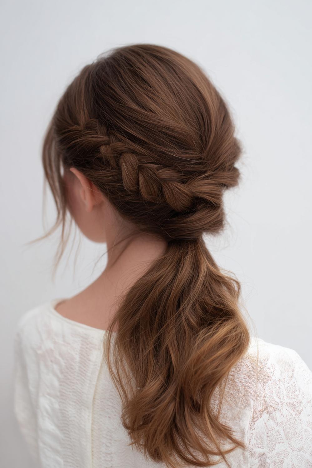 10. Einfache Frisuren 2026: Geflochtener Low Ponytail mit seitlichem Scheitel und schmalem Band