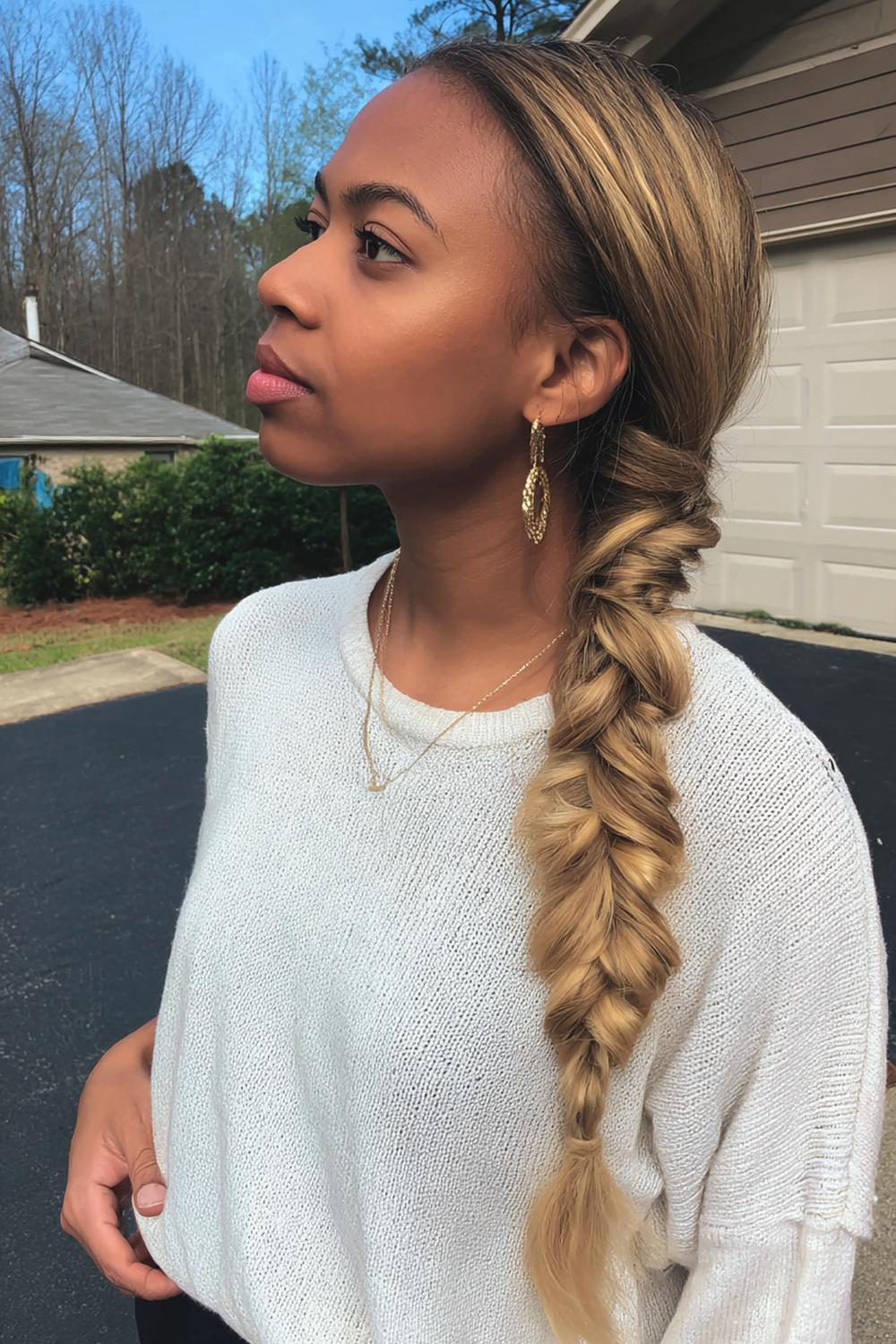 13. Einfache Frisuren 2026: Fischgrätenzopf mit seitlicher Lage und glänzender Haarspange