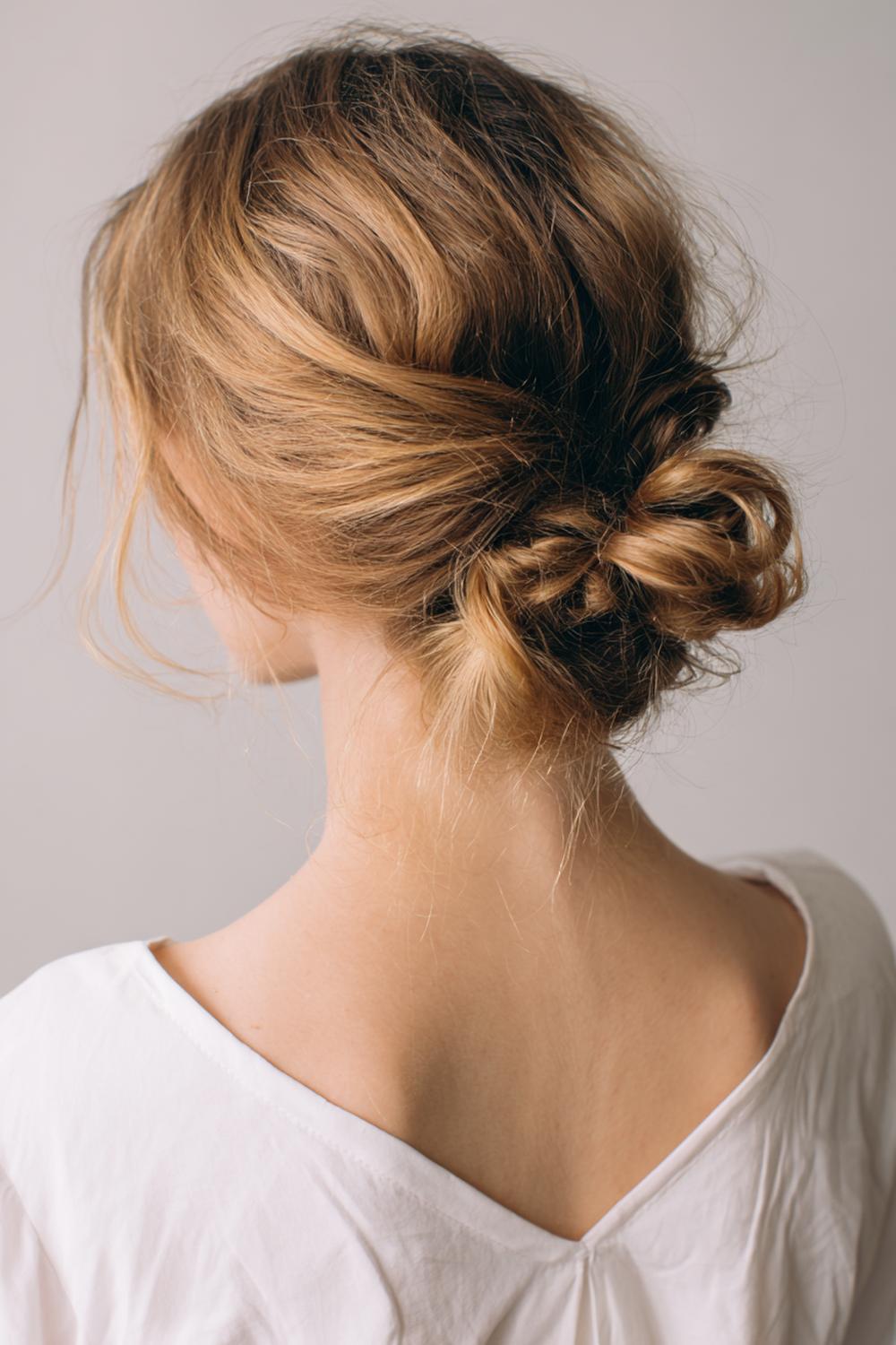 2. Einfache Frisuren 2026: Messy Low Bun mit Soft-Strähnen und texturierter Krone