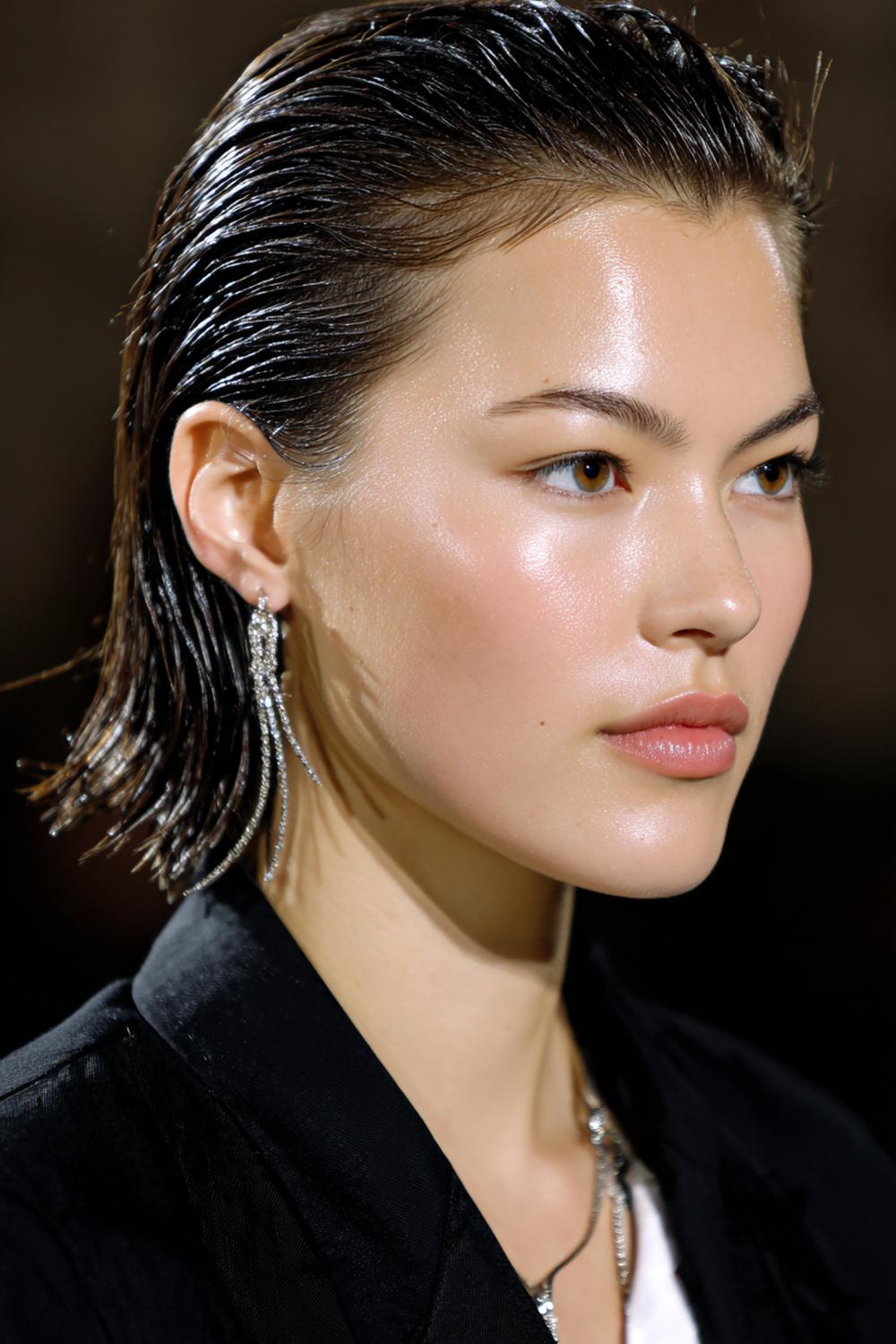 23. Einfache Frisuren 2026: Wet-Look Frisur mit zurückgekämmt glänzender Oberfläche und freien Ohren