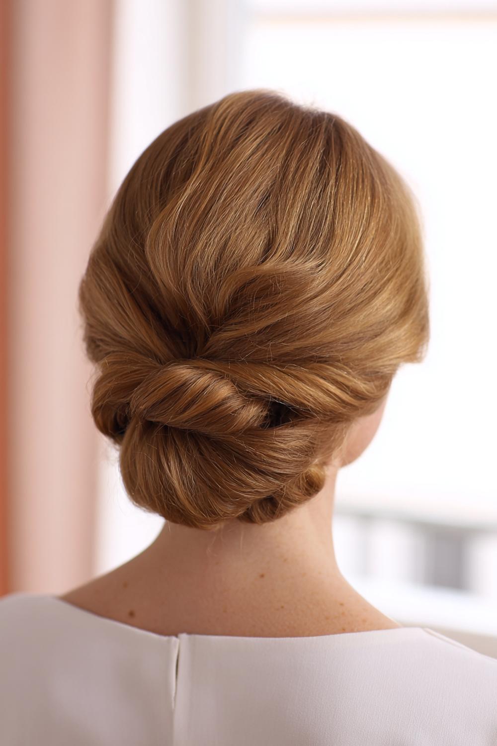 31. Einfache Frisuren 2026: Low Chignon mit gedrehter Schlaufe und sauberem Nacken