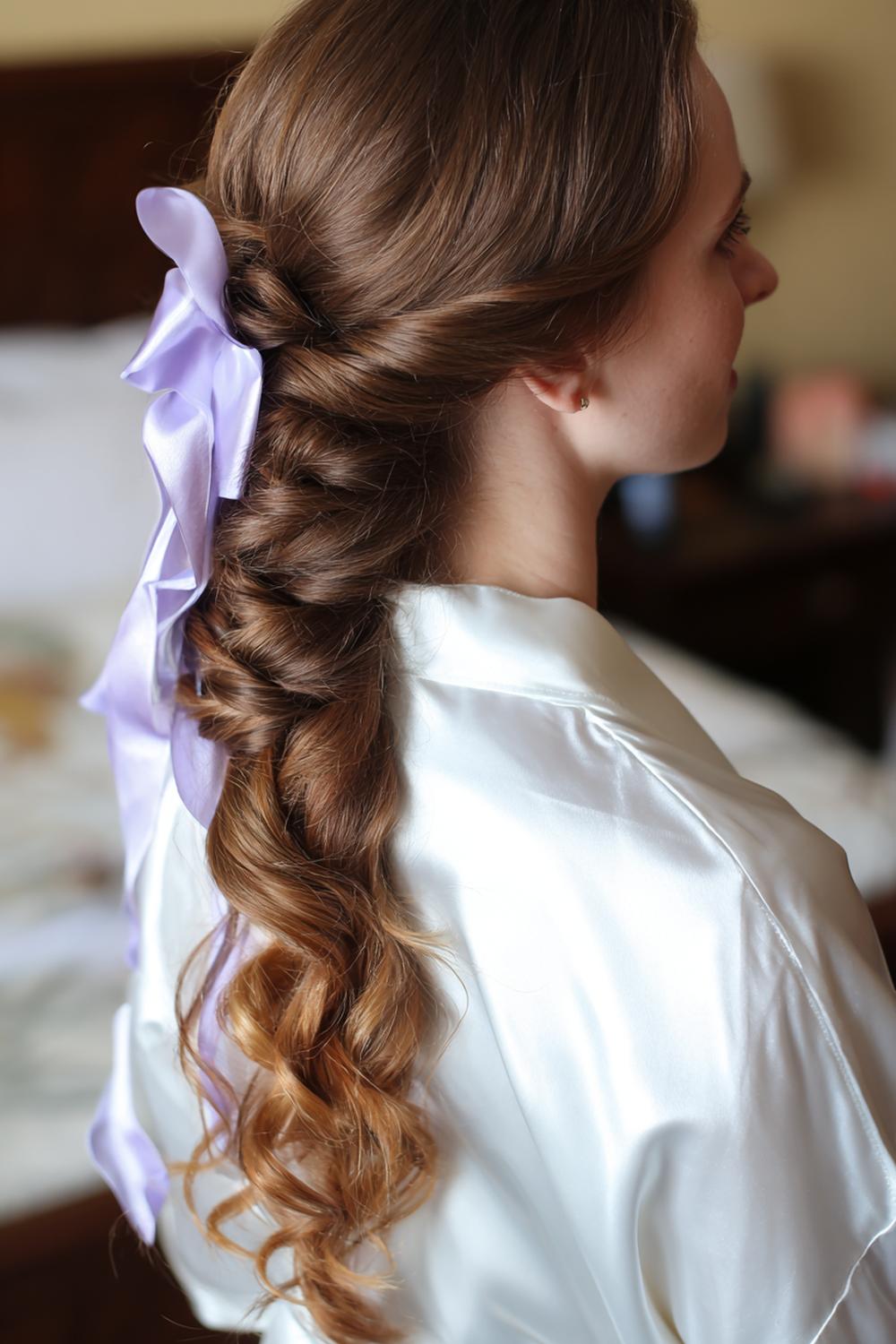 32. Einfache Frisuren 2026: Seitlicher Zopf mit Satinband und locker gezogenen Flechtbögen