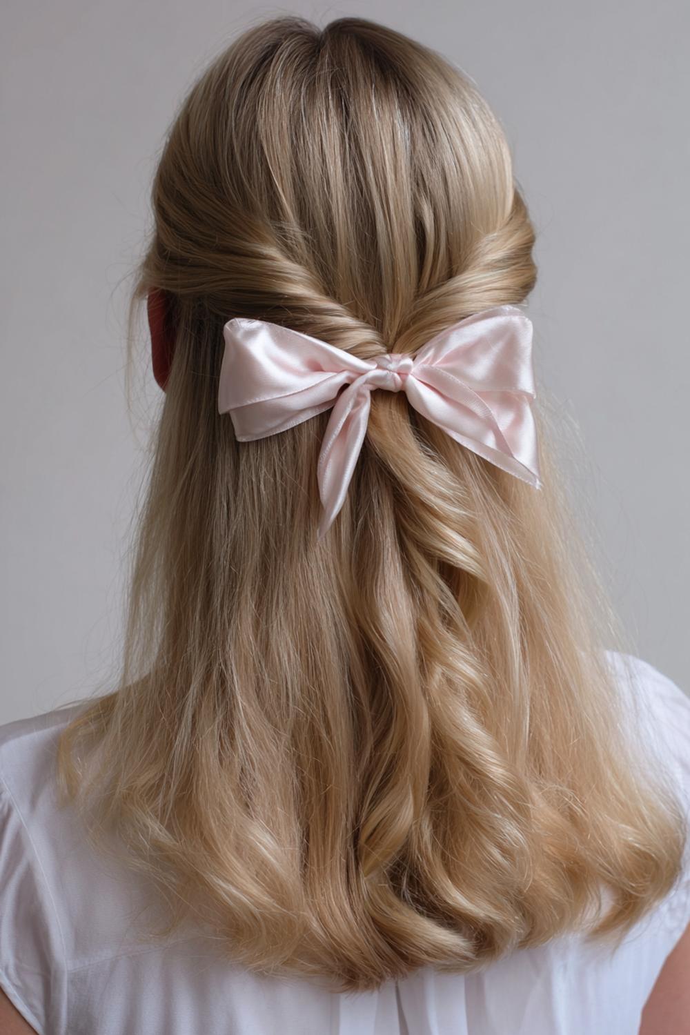 4. Einfache Frisuren 2026: Halboffener Twist mit Satin-Schleife und weichen Wellen