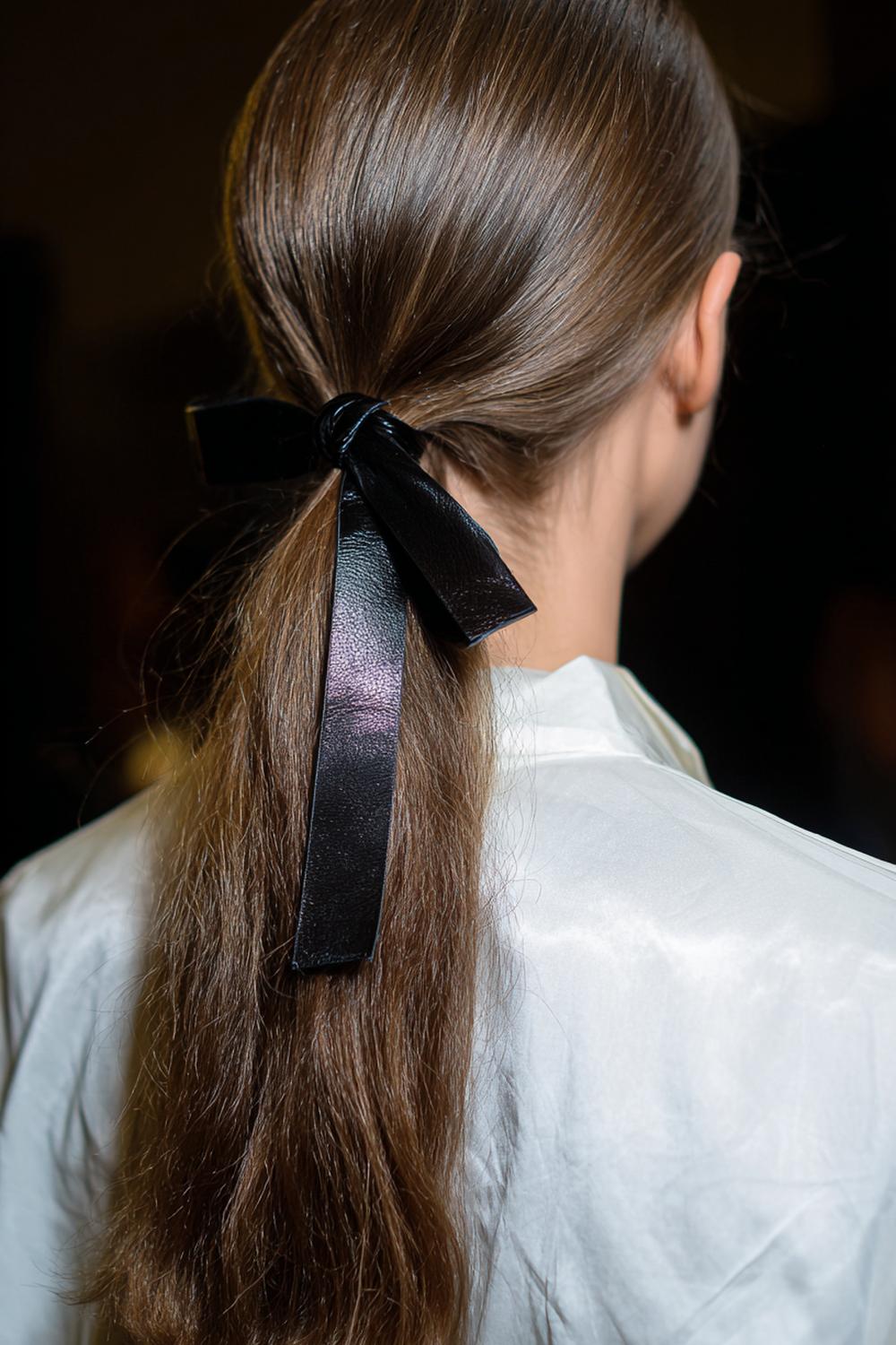 7. Einfache Frisuren 2026: Niedriger Pferdeschwanz mit Mittelscheitel und Leder-Schleife