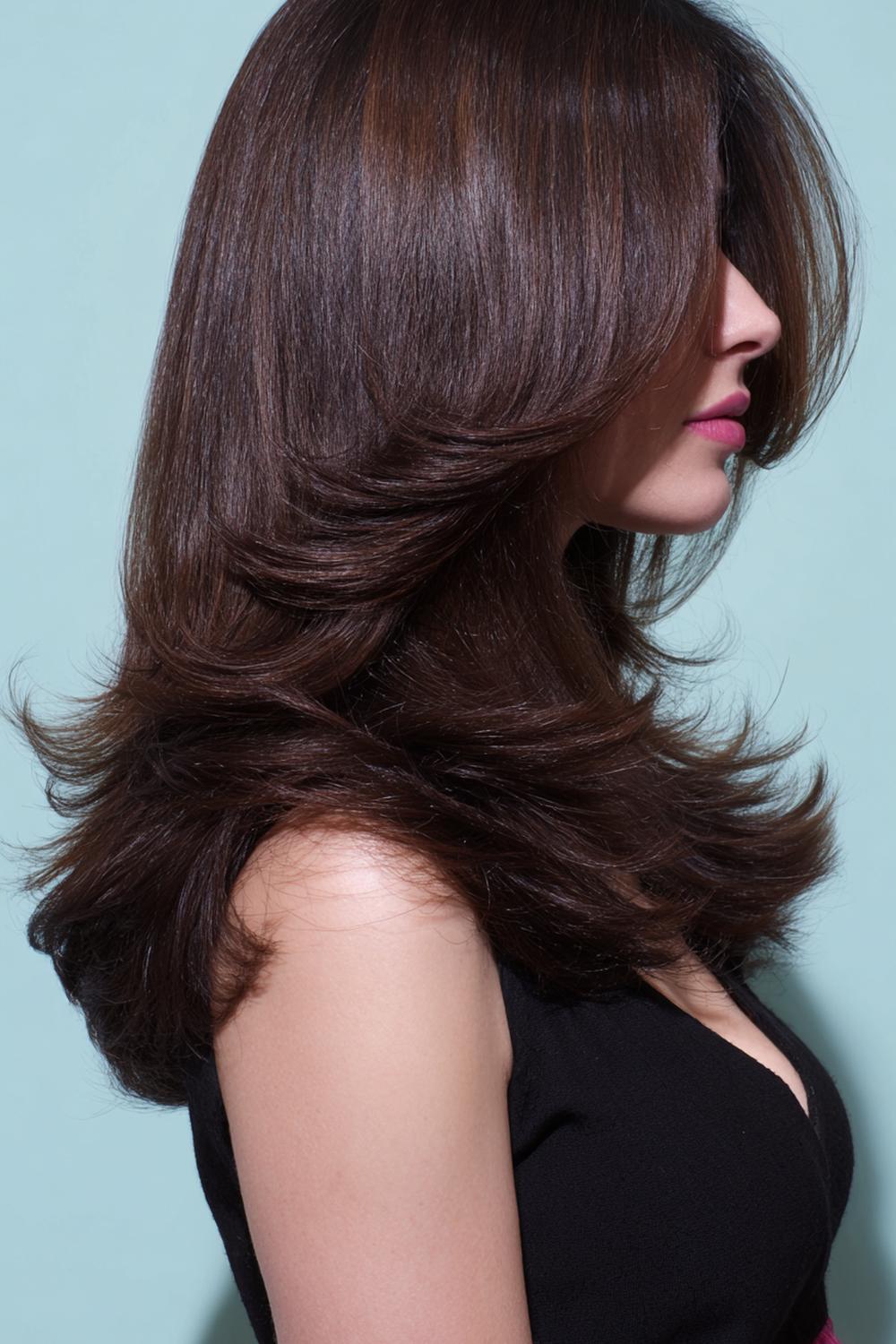 11. Federschnitt Frisur in glatter Variante mit nach außen gedrehten Spitzen