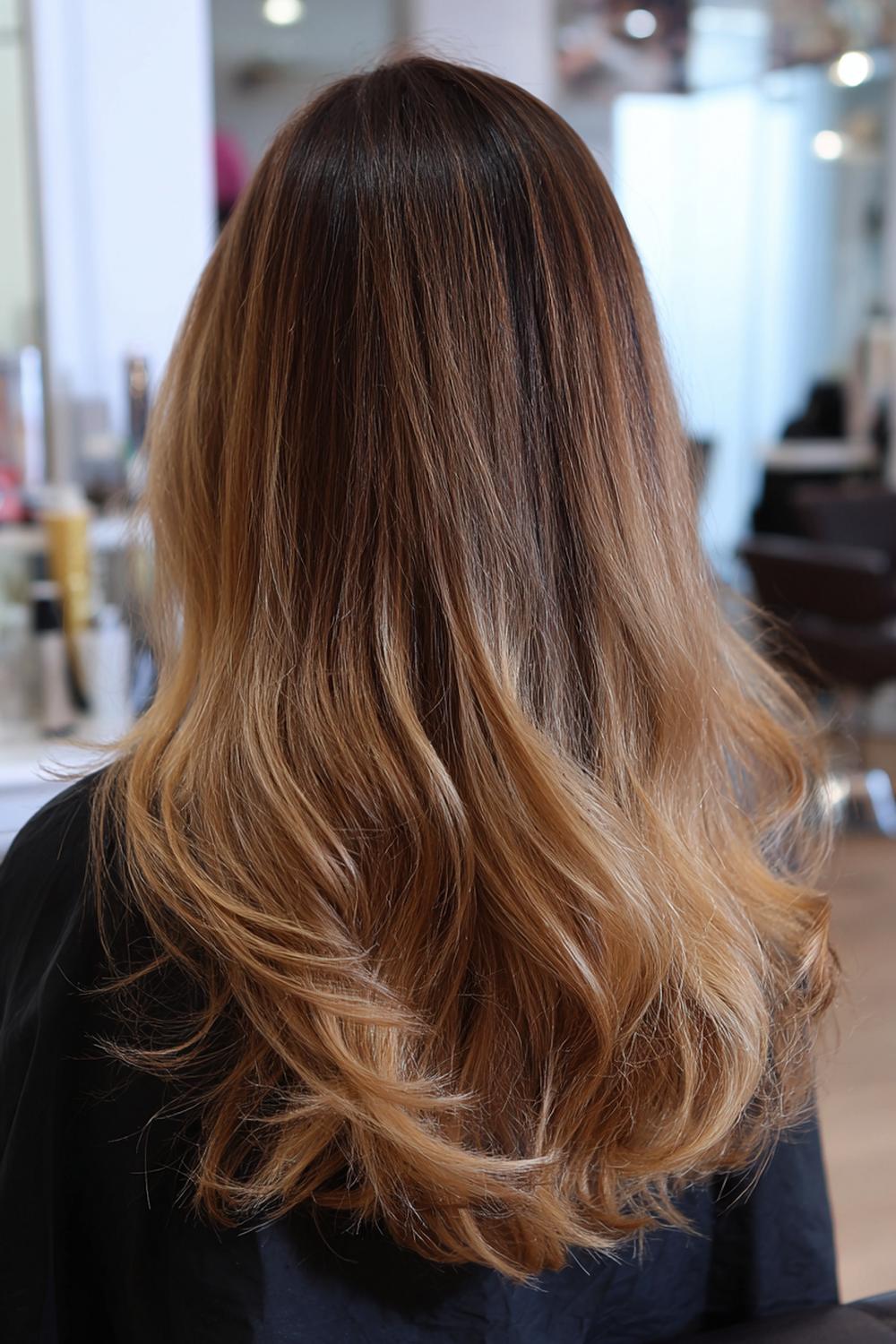 13. Federschnitt Frisur mit weichem Balayage-Verlauf in Karamell