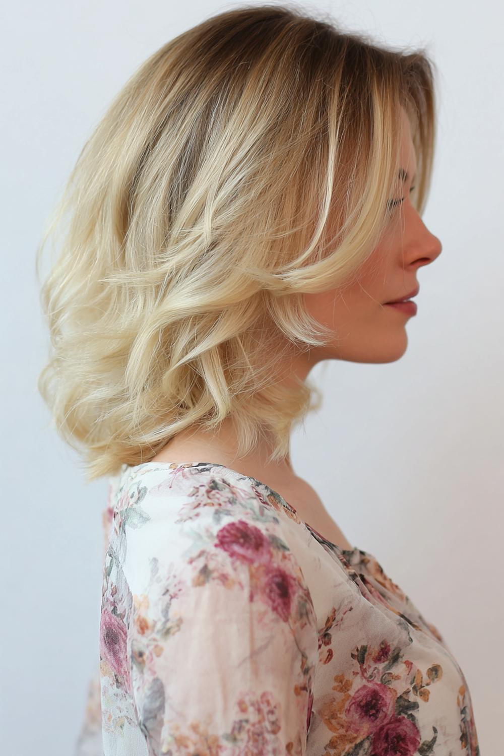 2. Federschnitt Frisur als schulterlanger Lob mit Flip-Enden