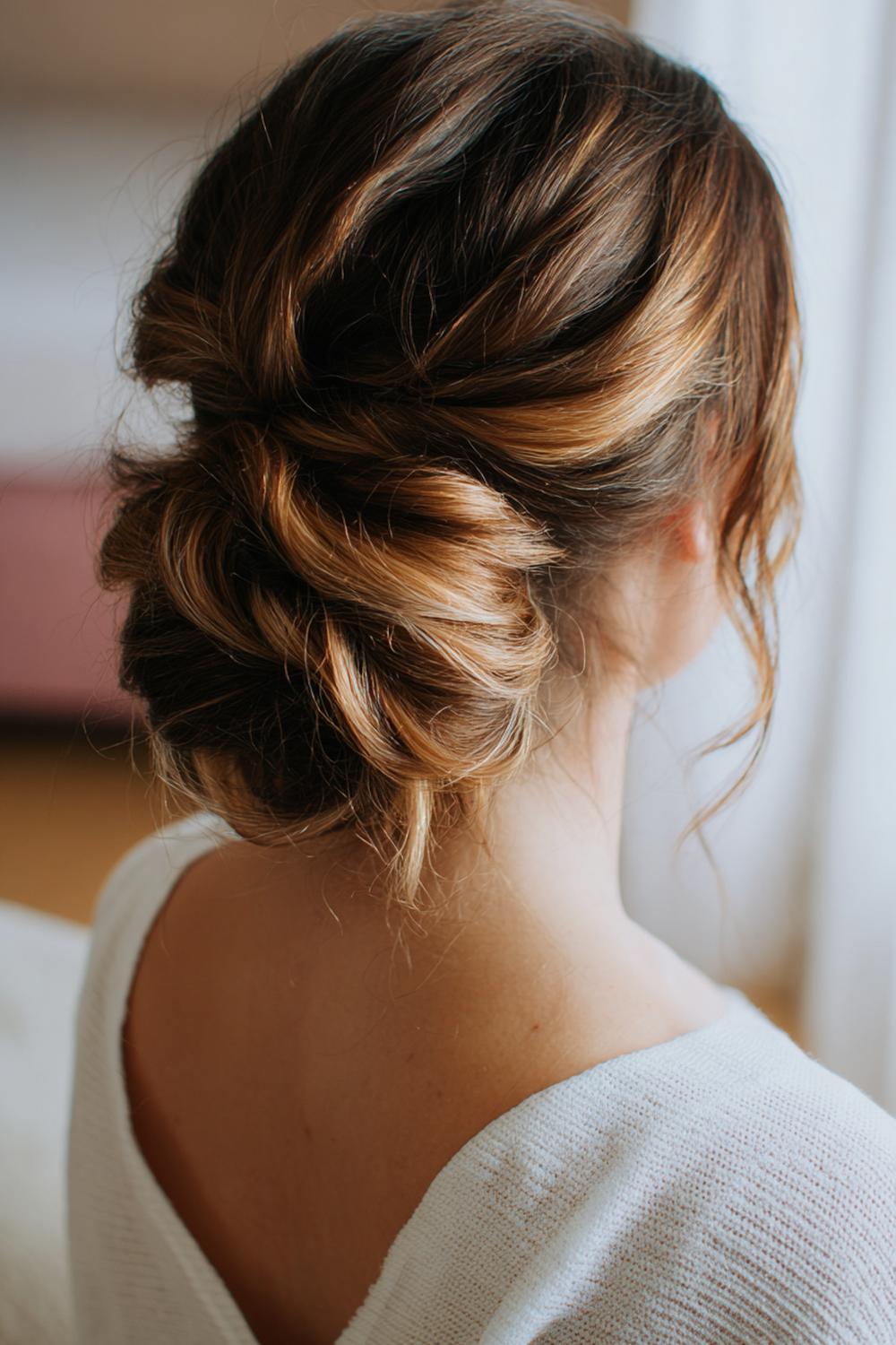 21. Federschnitt Frisur mit tiefem Dutt und weichen, gefiederten Strähnen