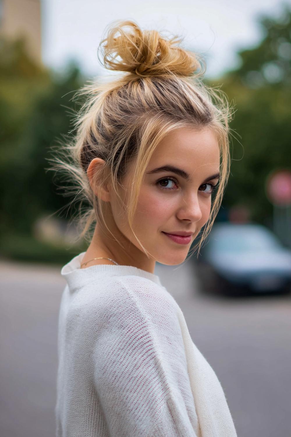 22. Federschnitt Frisur mit Messy Bun und texturierten Federenden