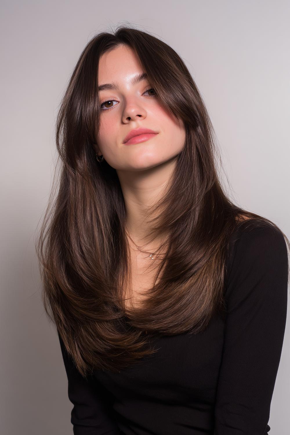 33. Federschnitt Frisur mit extra langen Face-Framing-Bahnen