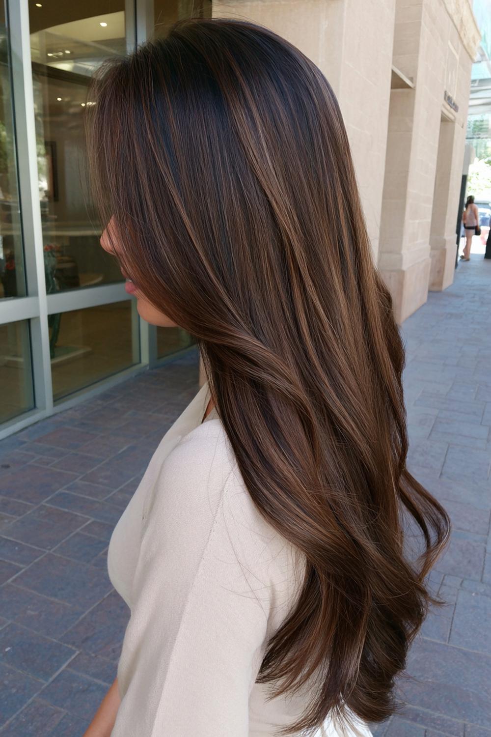 20. Frische Haar Ideen 2026: Espresso-Glanzfarbe für lange Längen