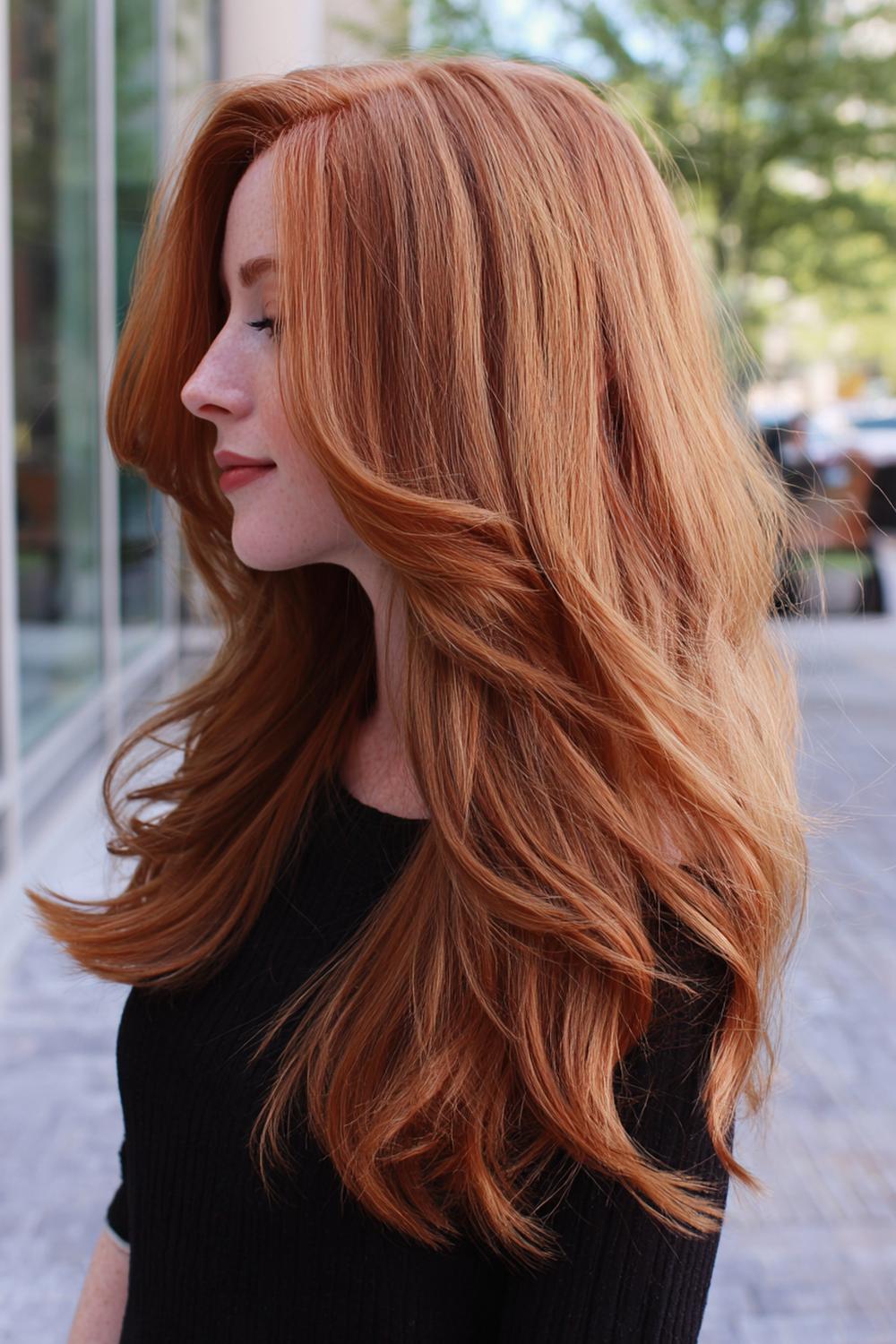 21. Frische Haar Ideen 2026: Kupfer-Apricot Tönung mit weichen Stufen