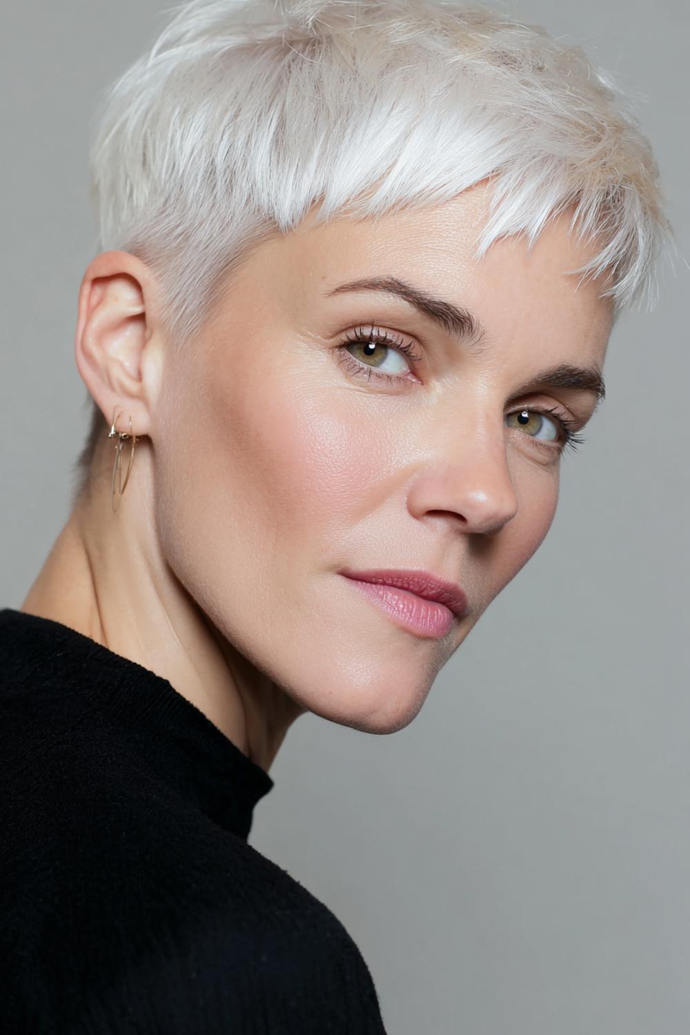 15. Frisur 2026 Frauen ab 50: Undercut Pixie mit weicher Deckschicht und Ohrfreilegung