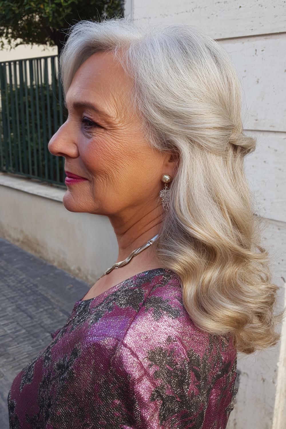 20. Frisur 2026 Frauen ab 50: Lange Frisur mit tiefem Seitenscheitel und Glam-Wellen