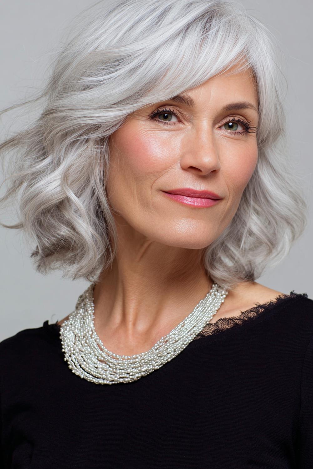 23. Frisur 2026 Frauen ab 50: Graue Frisur mit Perlmutt-Gloss und sanften Stufen