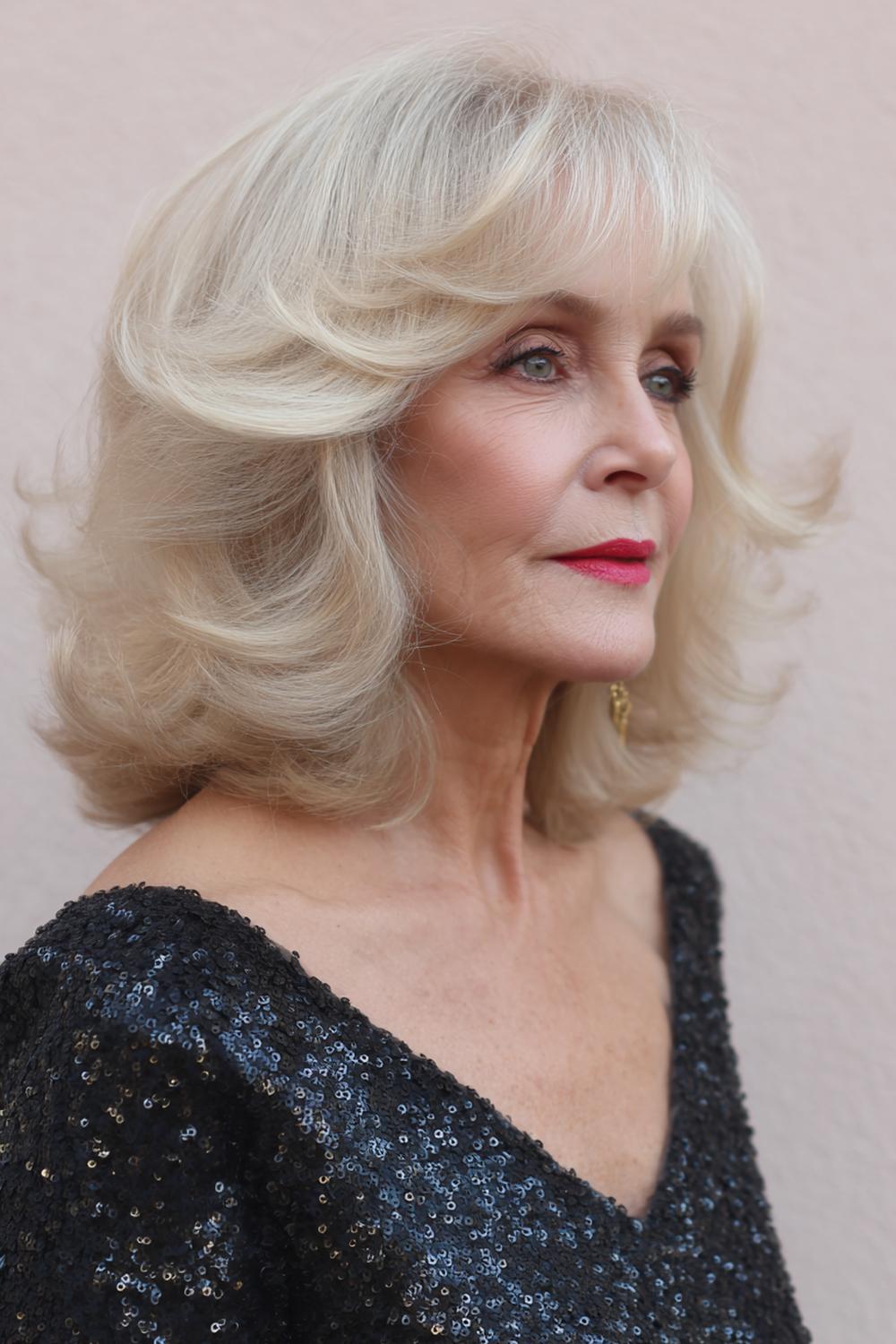 24. Frisur 2026 Frauen ab 50: Blonde Frisur mit Champagner-Ton und voluminösem Lob