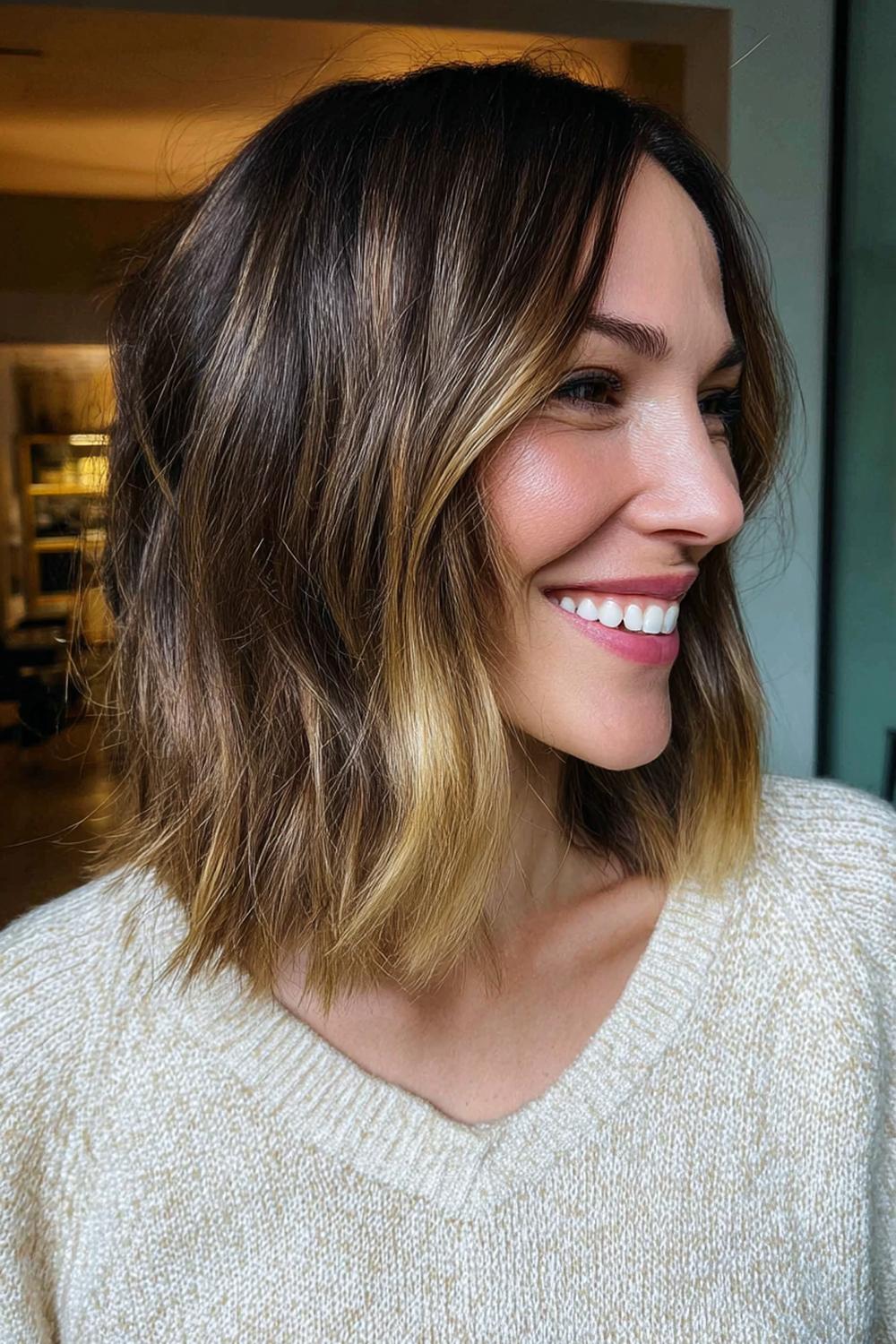 3. Frisur 2026 Frauen ab 50: Long Bob mit Face-Framing und Beige-Balayage