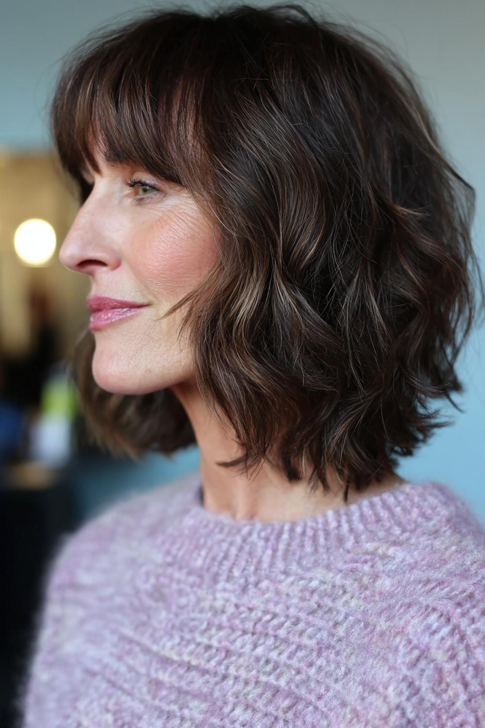 8. Frisur 2026 Frauen ab 50: Wavy Bob mit Curtain Bangs und Karamell-Lights