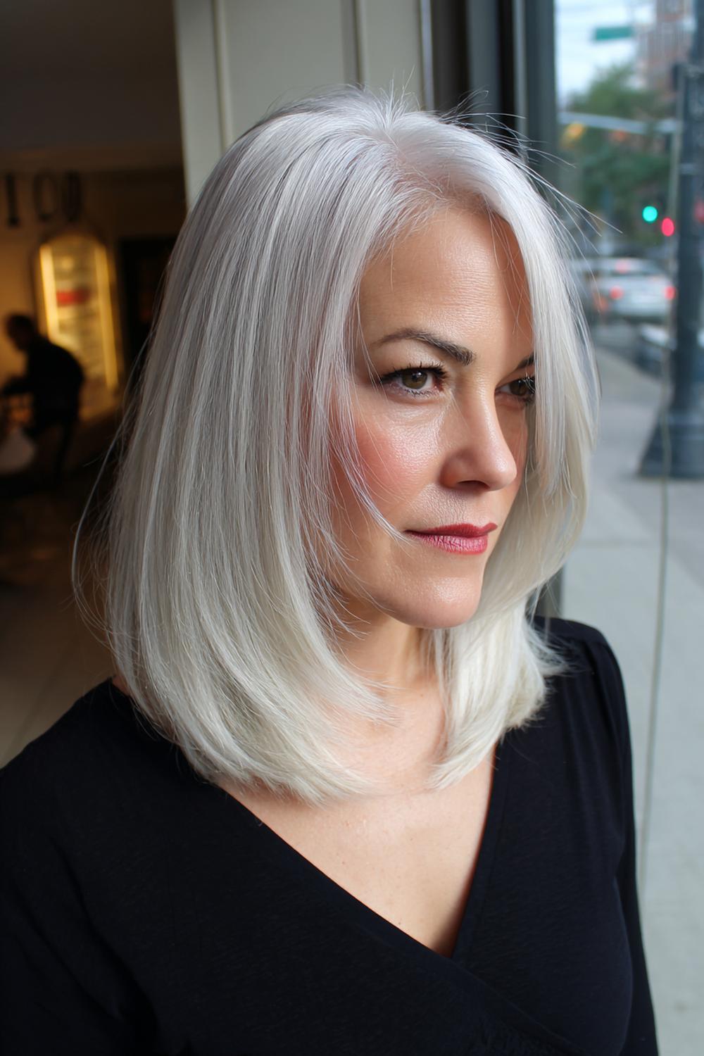 11. Frisur: Silberner Blowout-Lob mit sanfter Bewegung und Volumen an den Schläfen