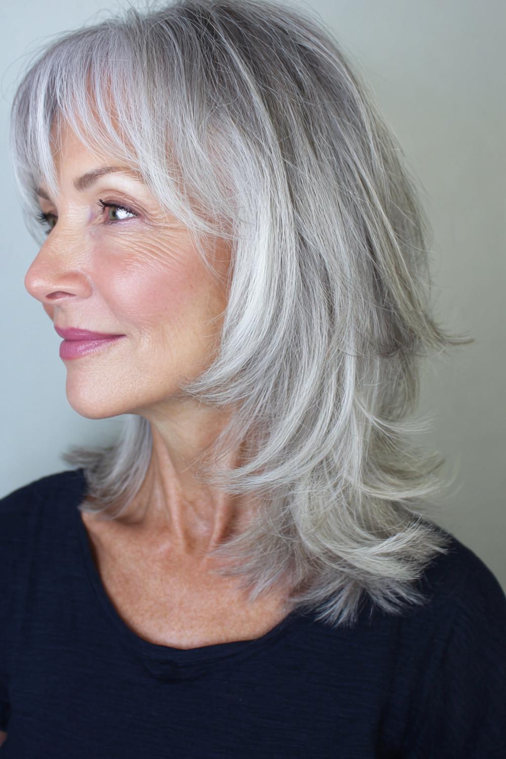 5. Frisur: Grauer Shag mit Face-Framing-Layers und lässigem Ansatzvolumen