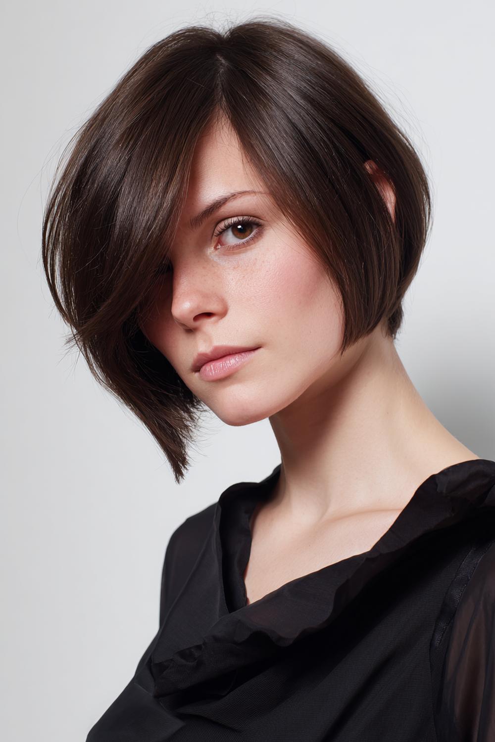 6. Frisur: Asymmetrischer Bob mit tiefem Seitenscheitel und Ohrfreiheit