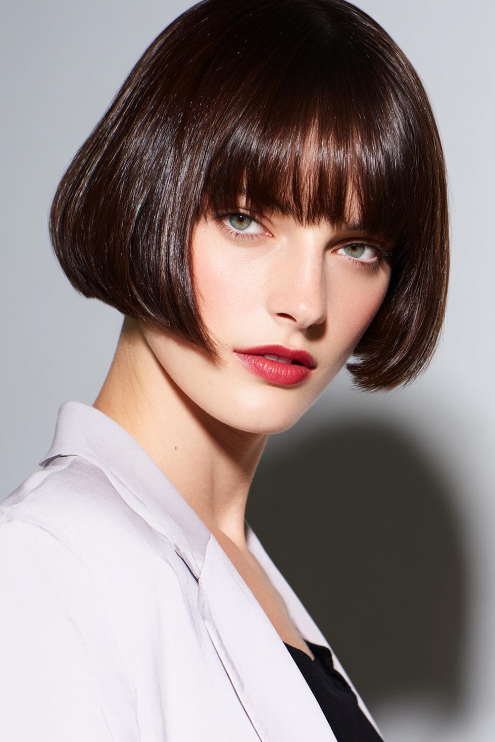 8. Frisur: Eleganter Sleek-Bob mit Mittelscheitel und polierter Kante