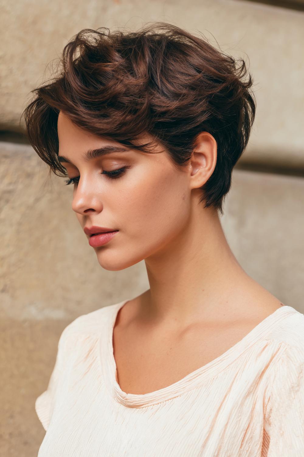 21. Kurzfrisuren 2026 Frauen kurz: Side-Swept Pixie mit sanfter Stirnbewegung