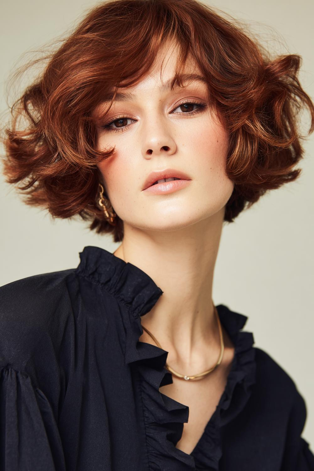 24. Kurzfrisuren 2026 Frauen kurz: Kurzer Bob in Kupferglanz mit Face-Framing-Lichtern