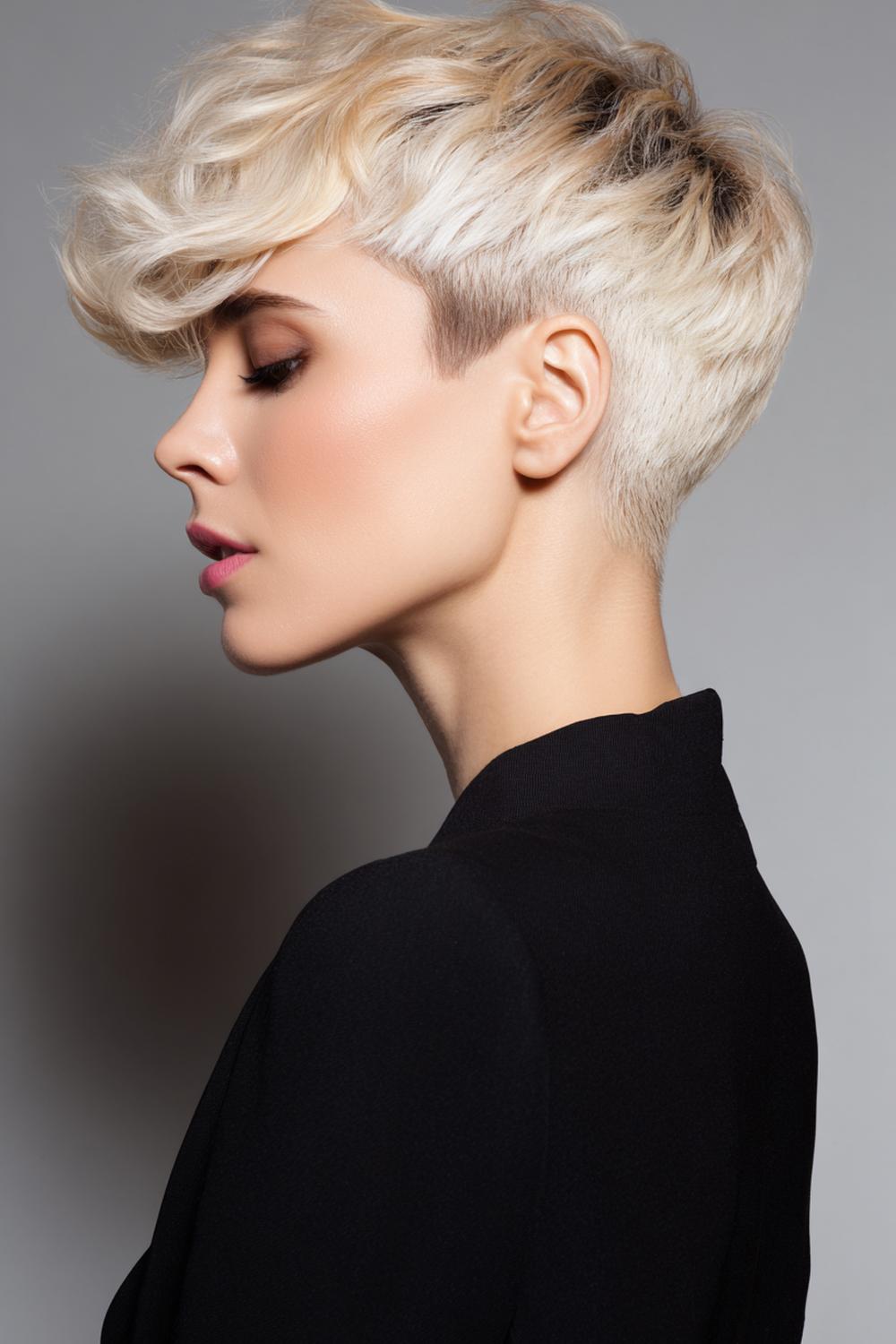 25. Kurzfrisuren 2026 Frauen kurz: Smoky-Blond Pixie mit dunklem Ansatz und weichem Verlauf