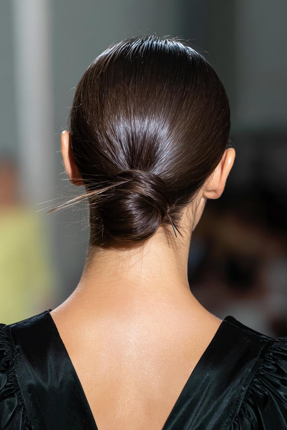 10. Frisuren 2026 Frauen: Low-Bun im Nacken mit glossy Scheitel und minimalistischen Nadeln
