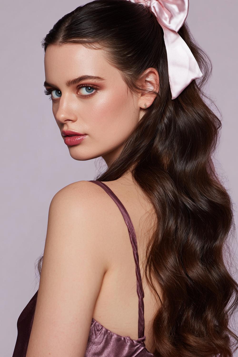 12. Frisuren 2026 Frauen: Half-Up Bow-Style mit Satinband und sanften Wellen