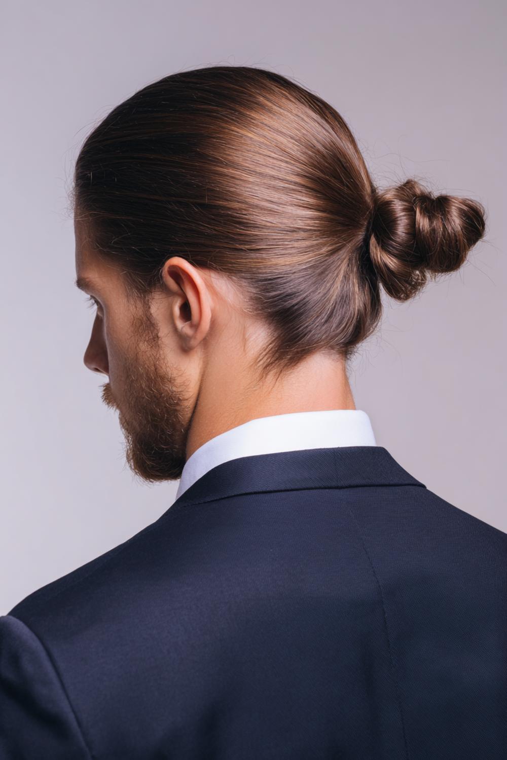 26. Frisuren 2026 Männer: Low Bun im Clean-Barber-Finish