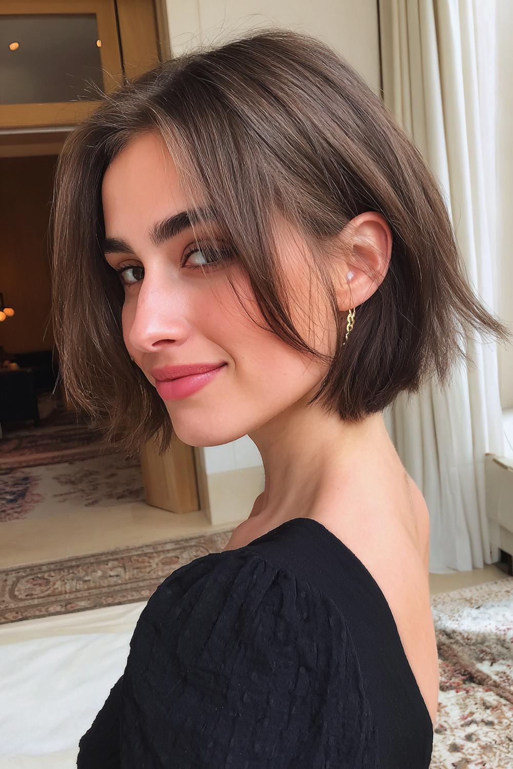 21. Frisuren 2026: Seitenscheitel-Bob mit tuck-in Ohrlinie