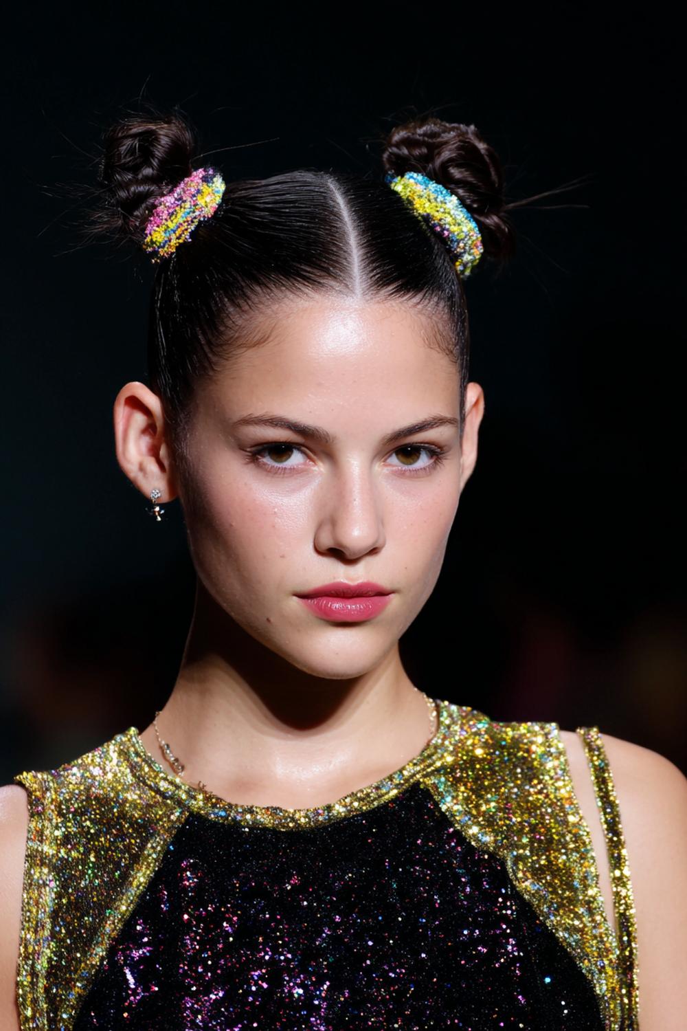 26. Frisuren 2026: Space Buns mit Glitzer-Scheitel
