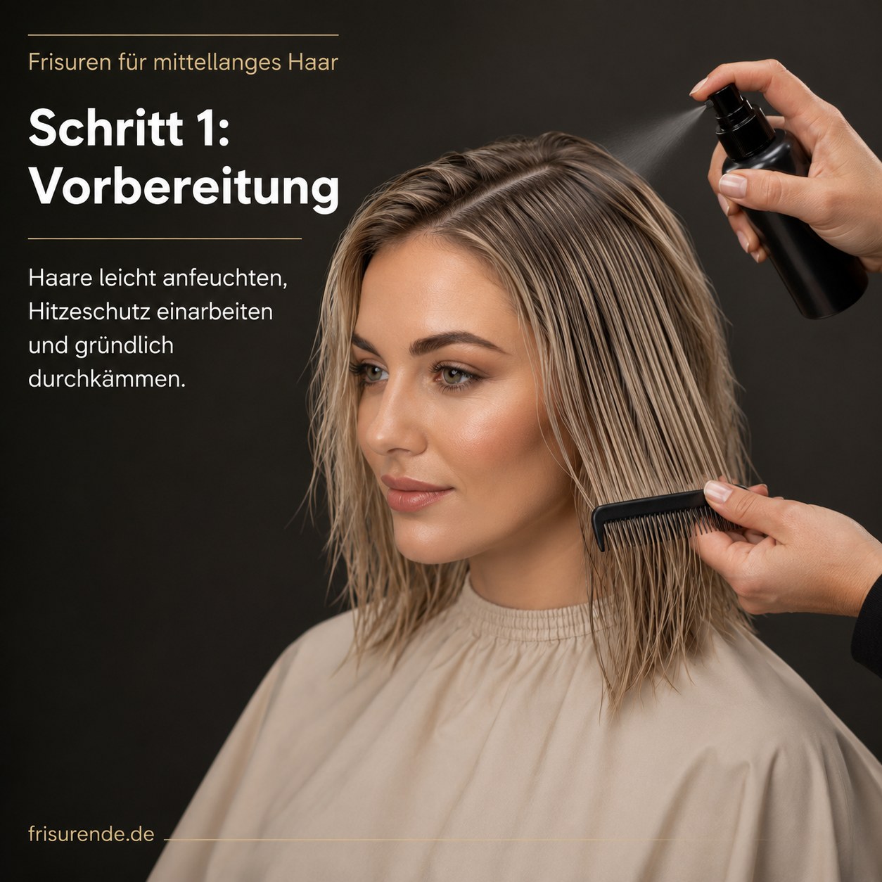 Frisuren für mittellanges Haar: Haare werden angefeuchtet und mit Hitzeschutz vorbereitet