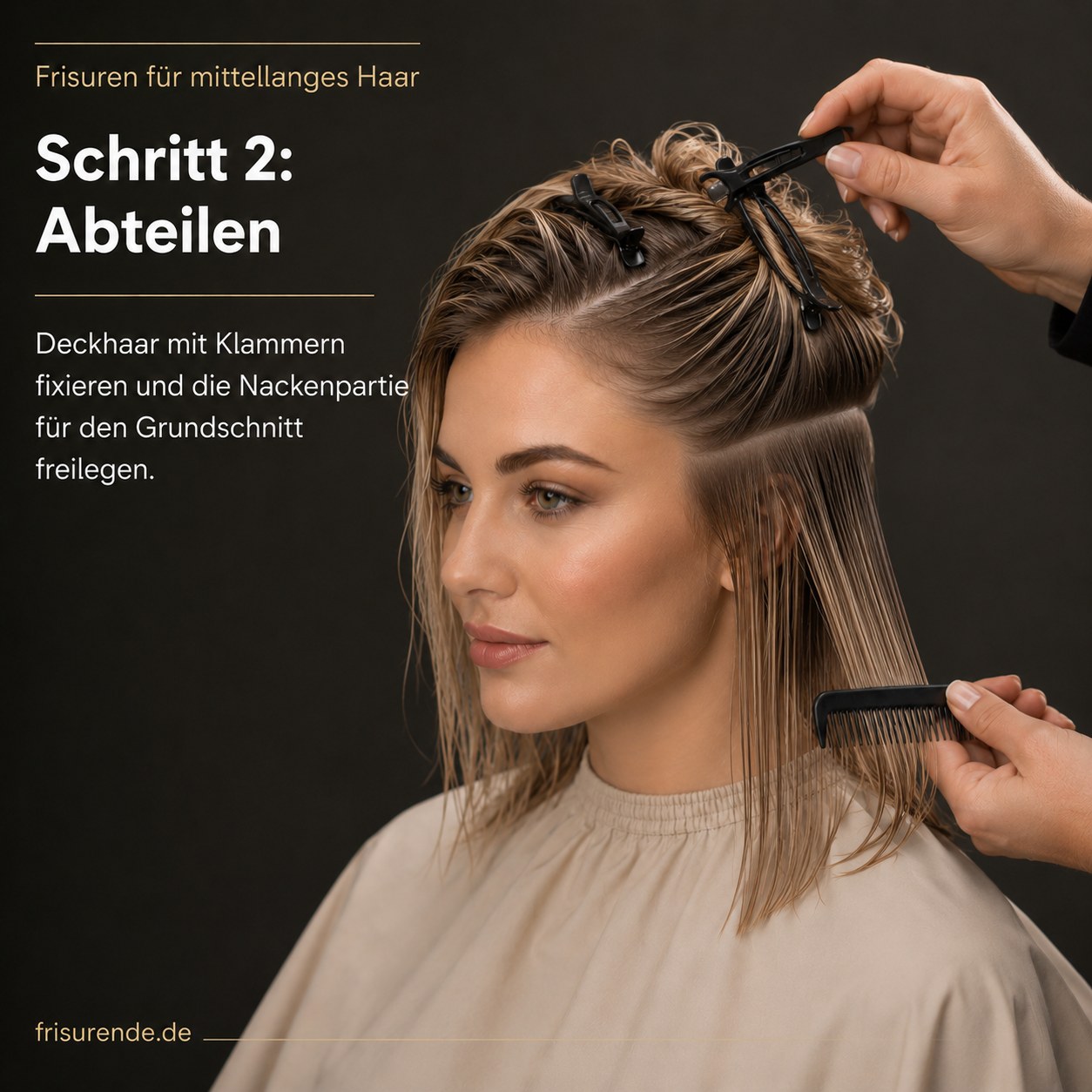 Frisuren für mittellanges Haar: Deckhaar wird mit Klammern abgeteilt für den Grundschnitt