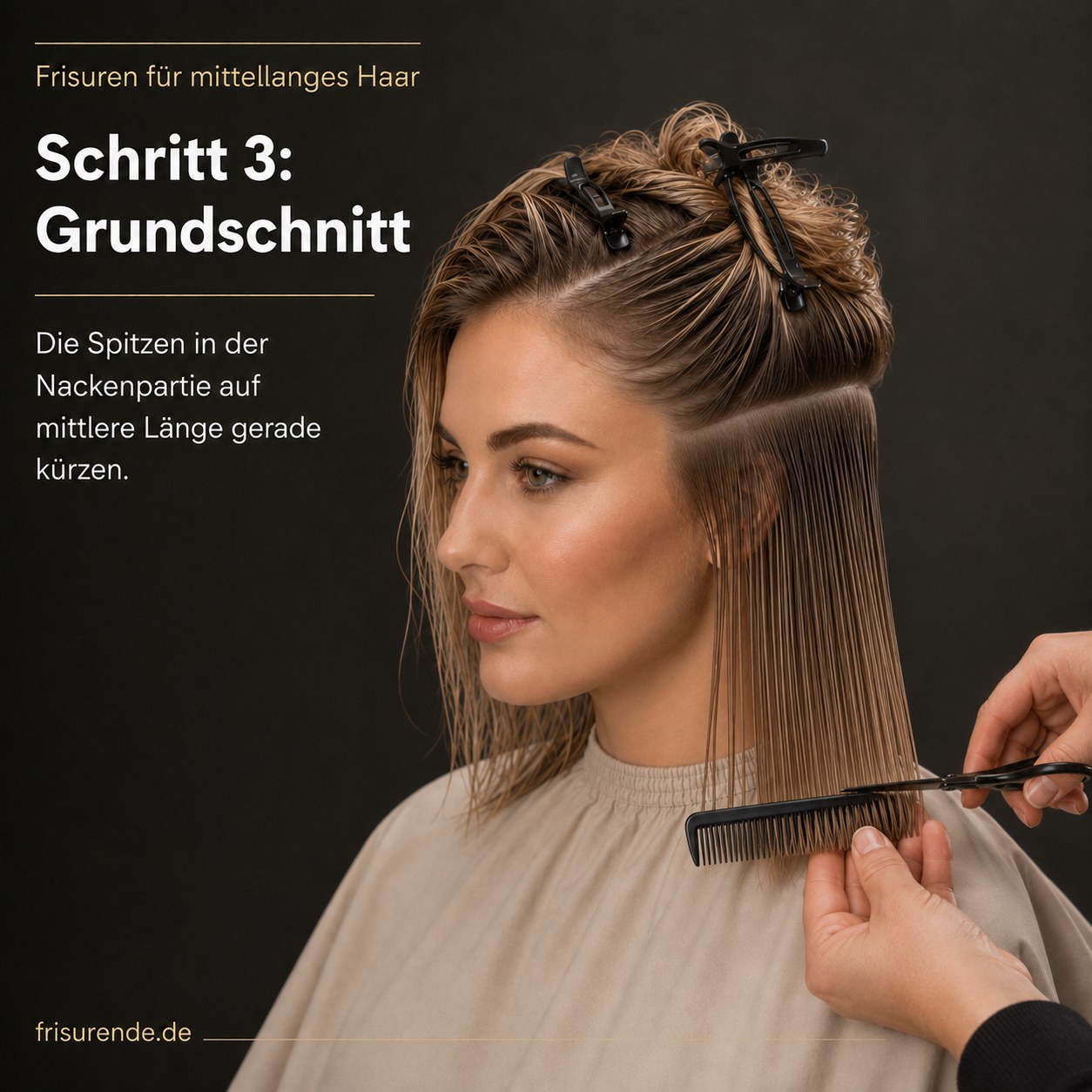 Frisuren für mittellanges Haar: Grundschnitt in der Nackenpartie auf mittlere Länge